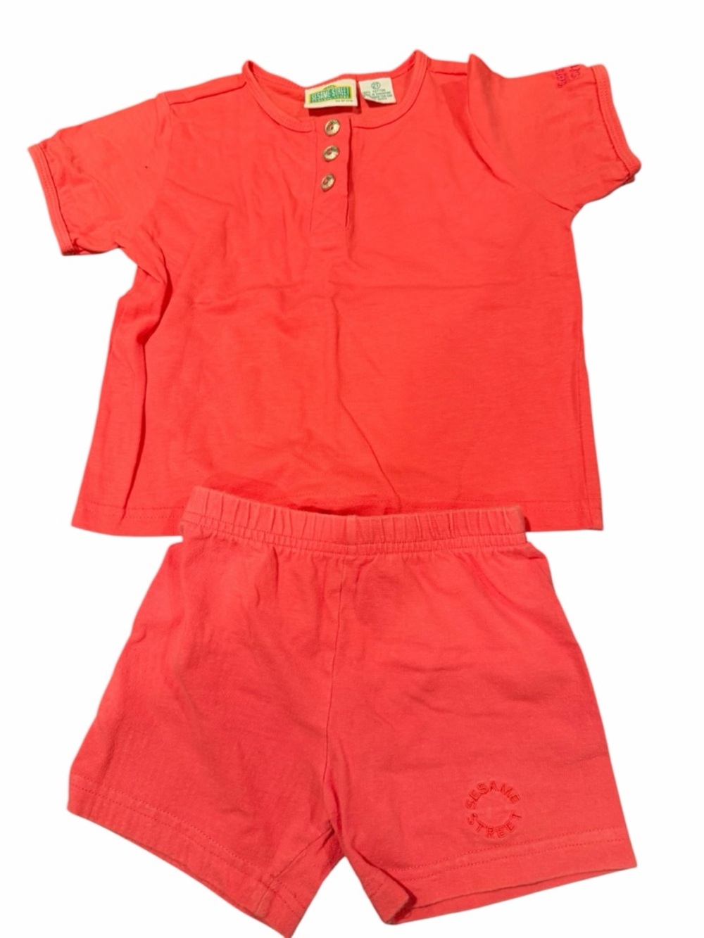 Vintage 90s Sesame Street Two Piece Set Shirt Shorts Sz 2T Salmon Pink Cotton
